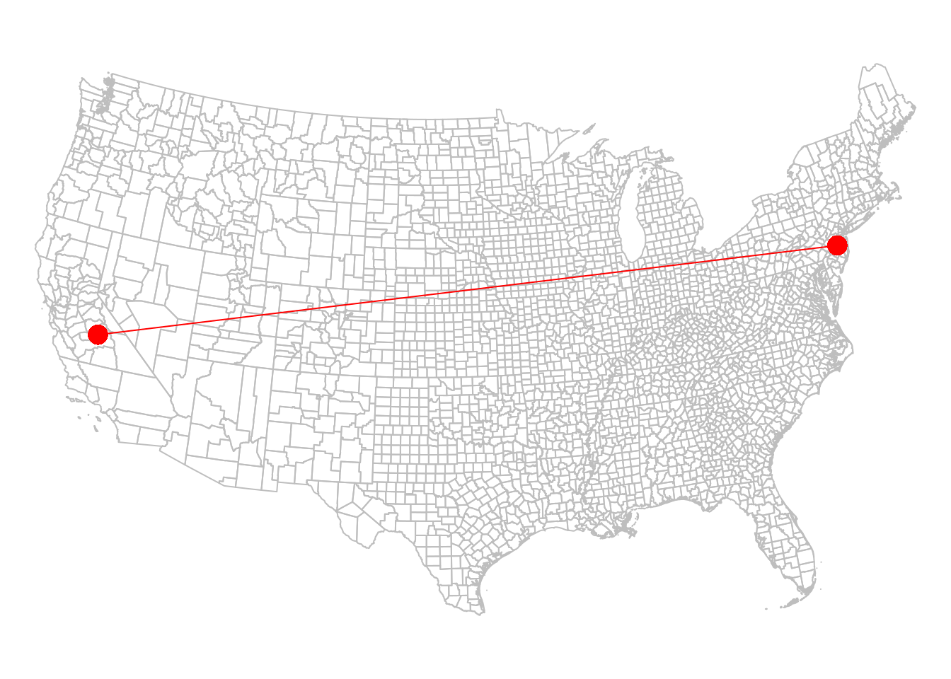 California and New Jersey centroids, with a line