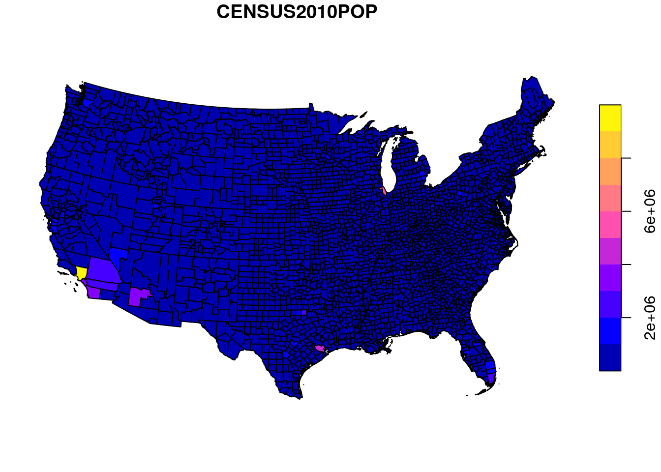 Population size per county in the US (equal breaks)