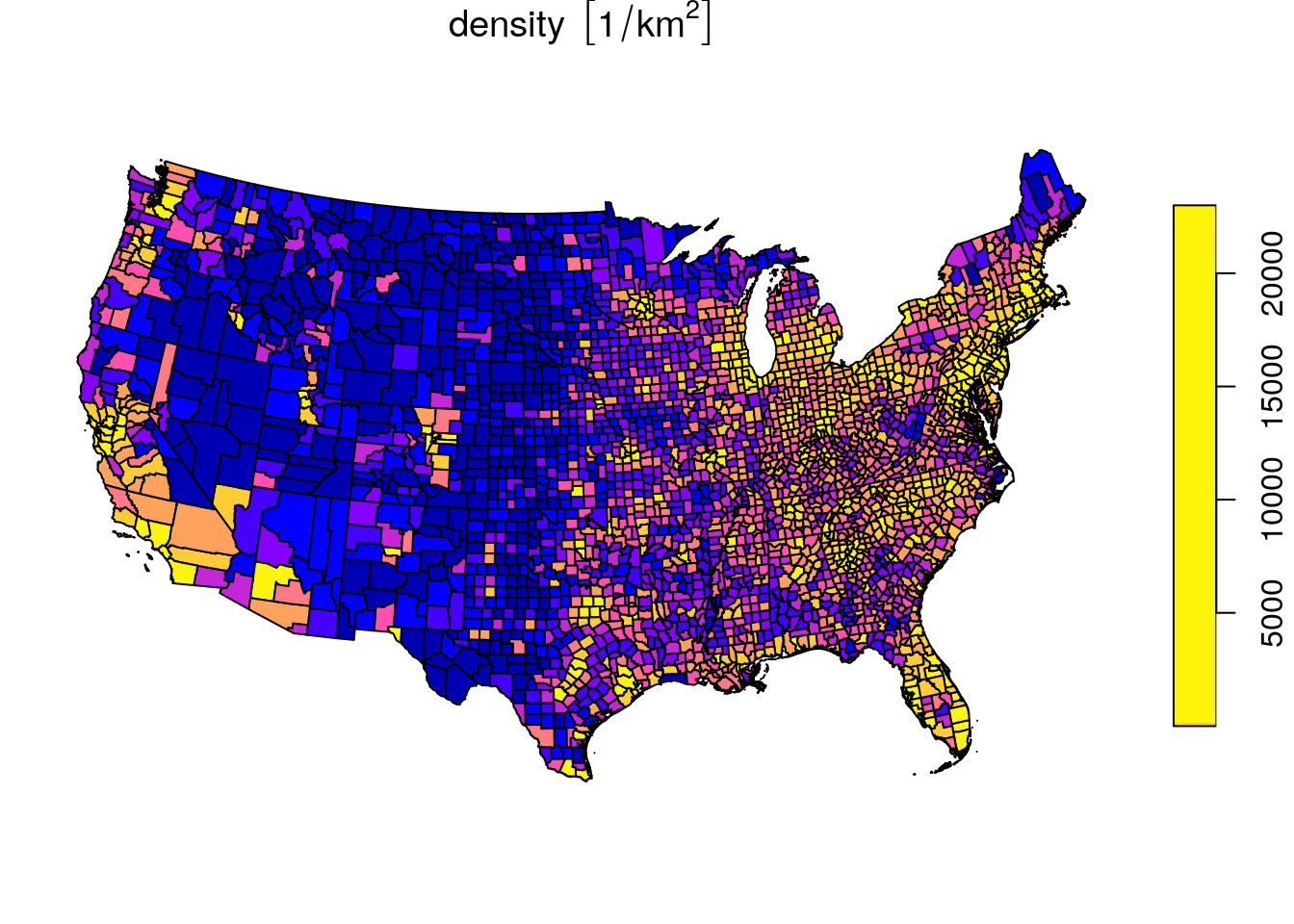 Population density in the US, quantile breaks