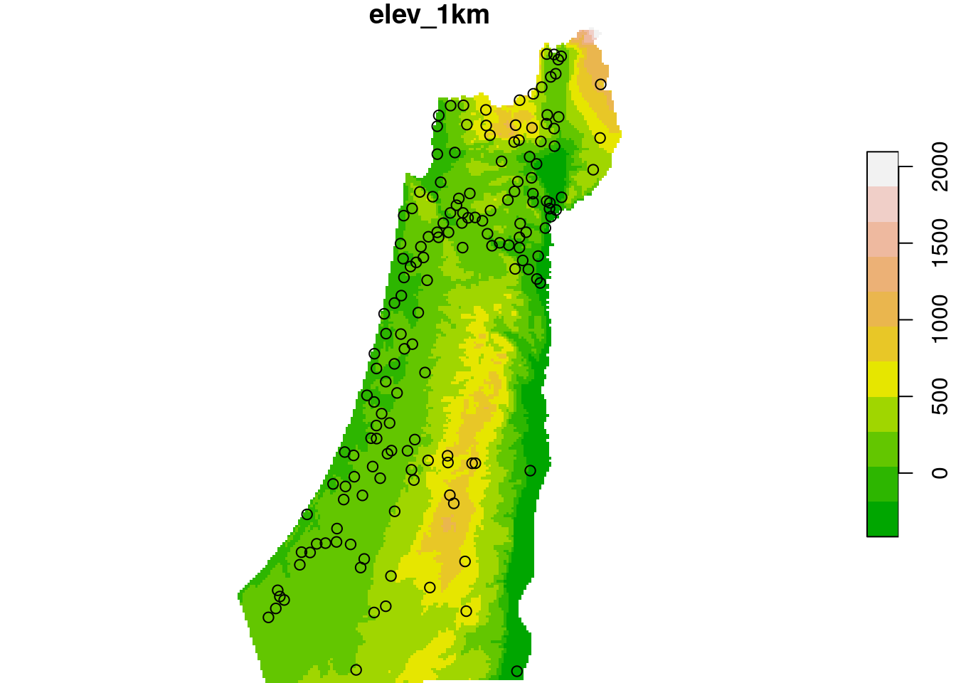 Rainfall data points and elevation raster