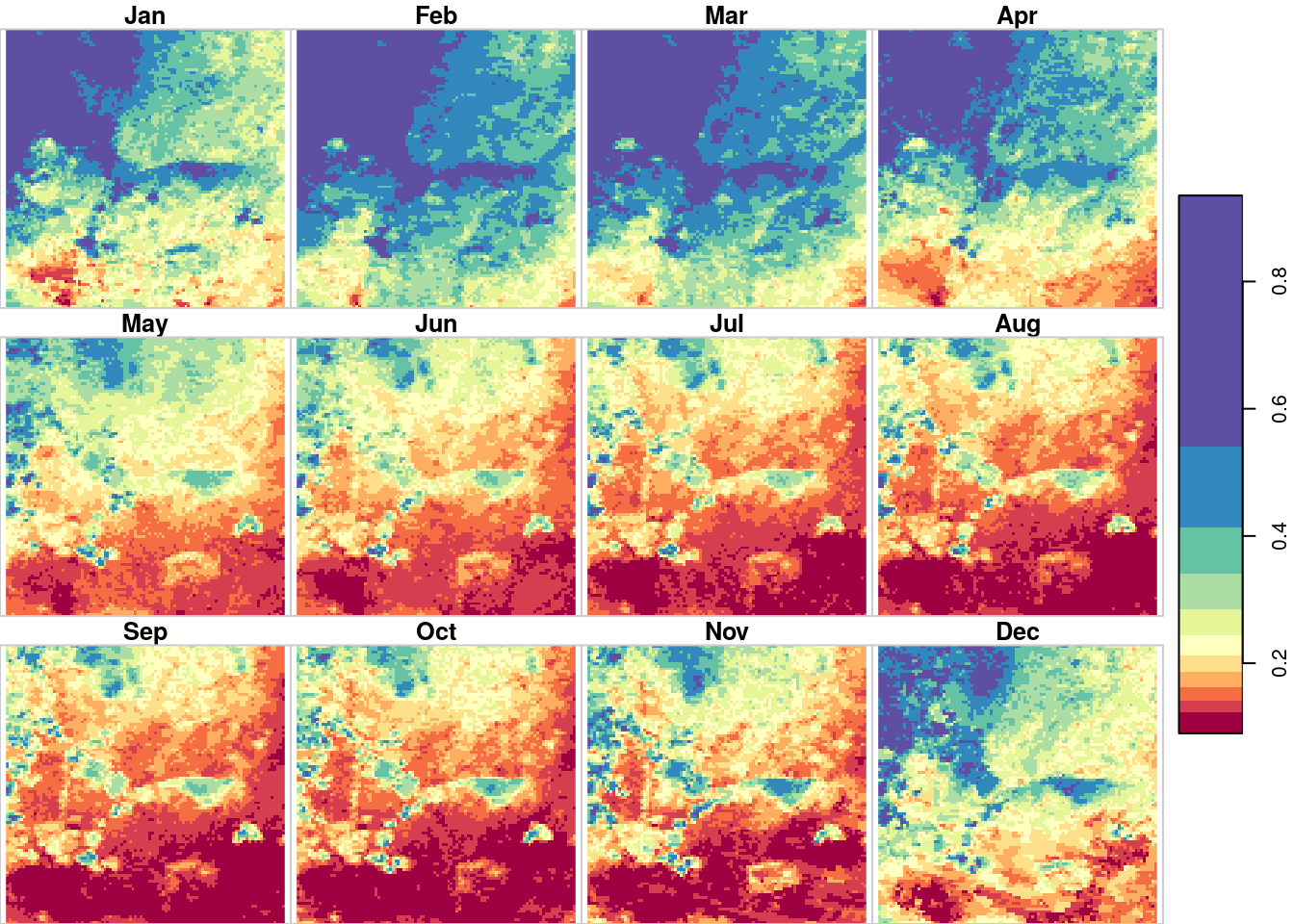 Maximum NDVI value per month in `modis_south.tif`