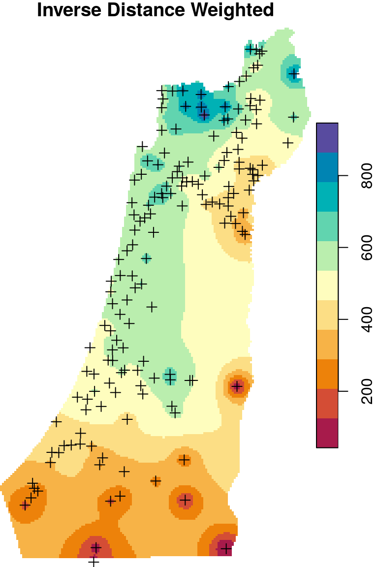 Spatial interpolation of annual rainfall using IDW, OK and UK