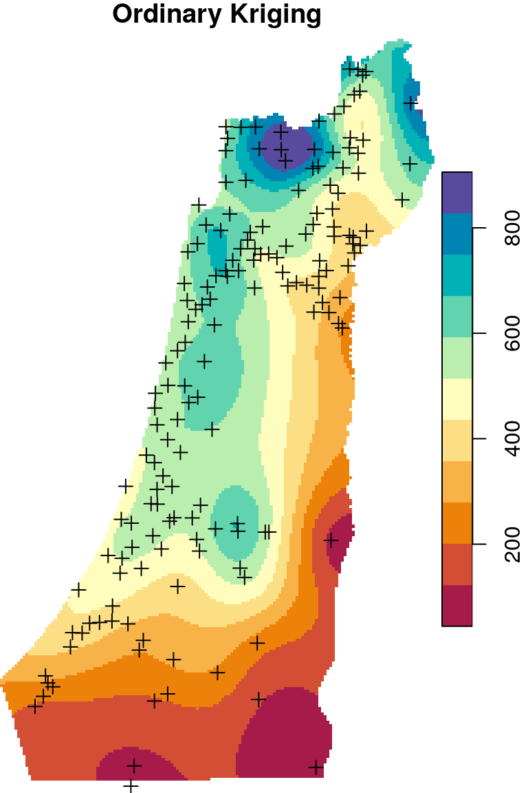 Spatial interpolation of annual rainfall using IDW, OK and UK