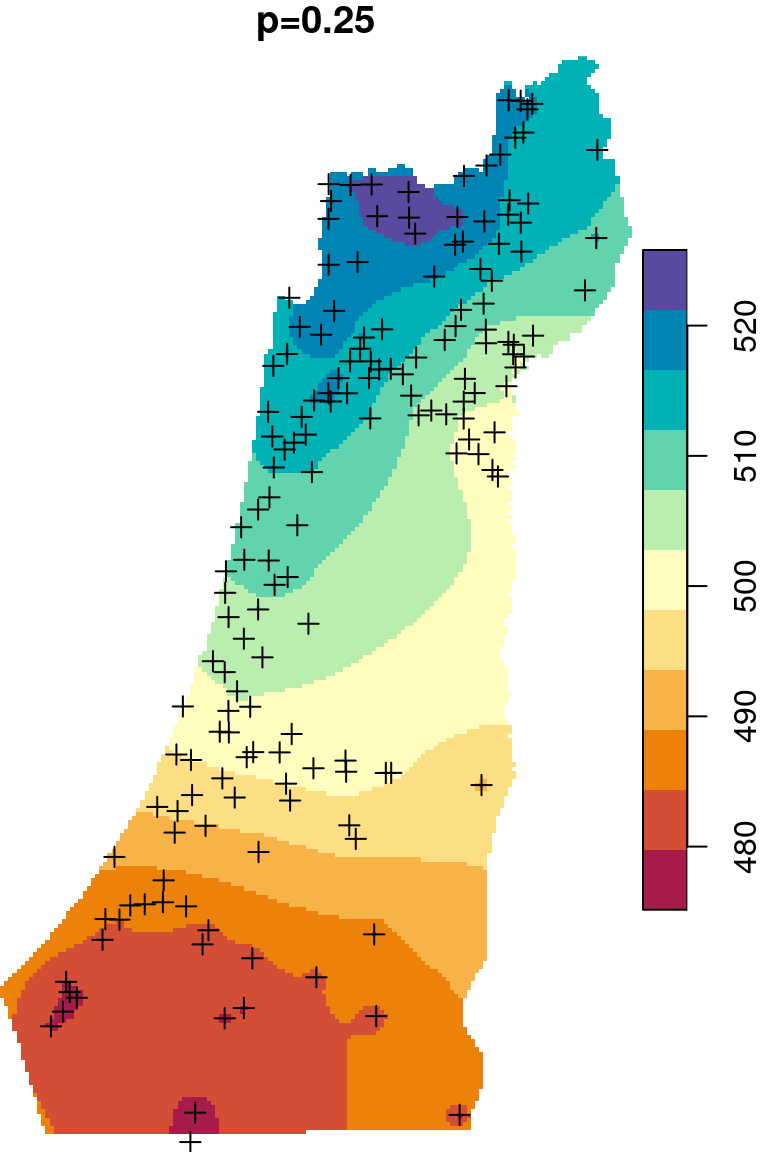 Spatial interpolation of annual rainfall using IDW with $p=0.25$, $p=2$ and $p=16$