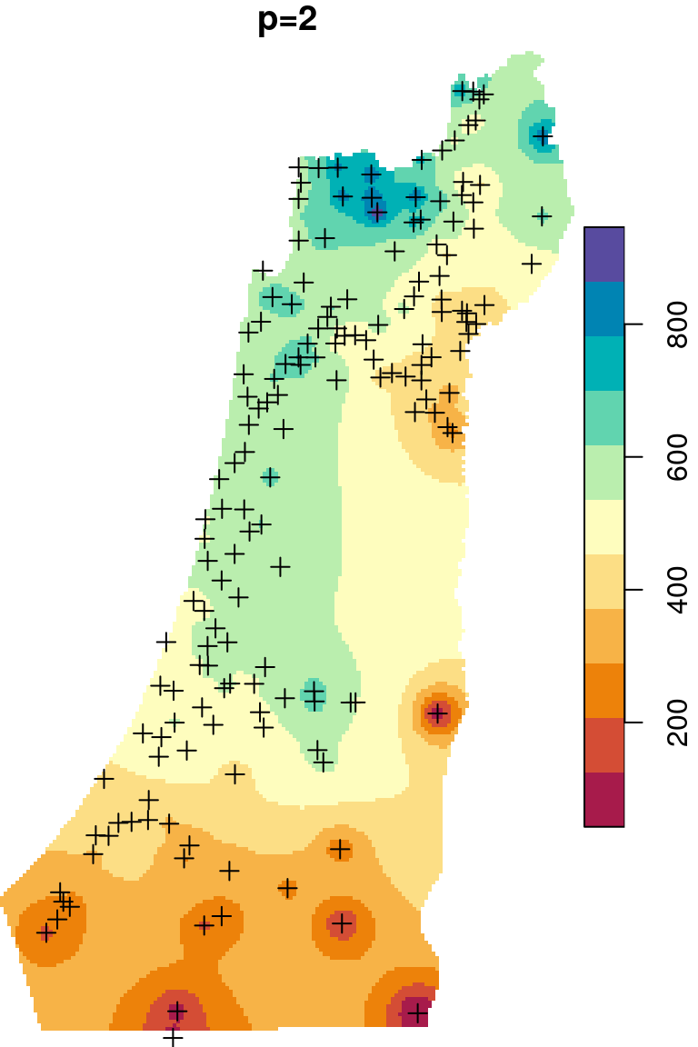 Spatial interpolation of annual rainfall using IDW with $p=0.25$, $p=2$ and $p=16$