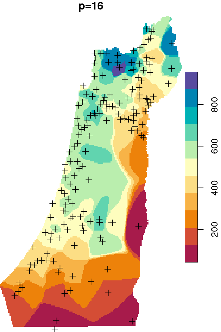 Spatial interpolation of annual rainfall using IDW with $p=0.25$, $p=2$ and $p=16$