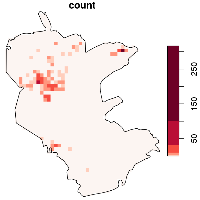 Density (observations per pixel) of rare plants in the nature reserve, with a logarithmic scale