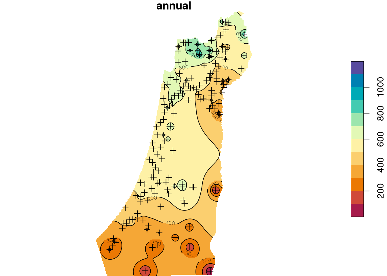 Predicted annual rainfall using Inverse Distance Weighted (IDW) interpolation