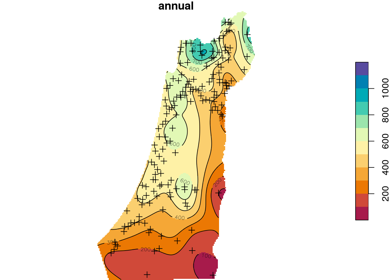 Predicted annual rainfall using Ordinary Kriging