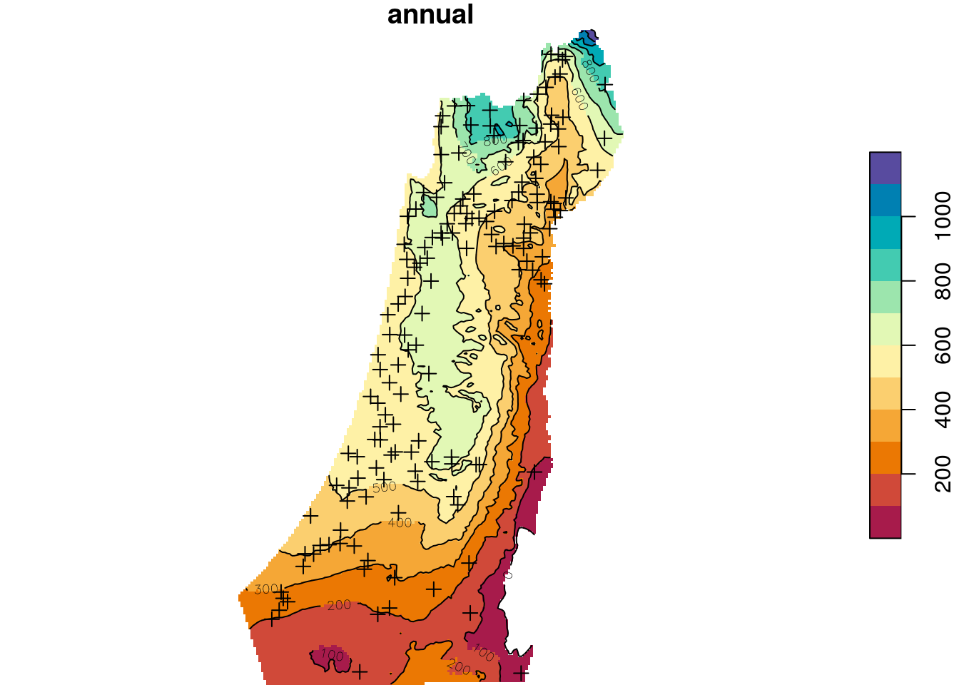 Predicted annual rainfall using Universal Kriging