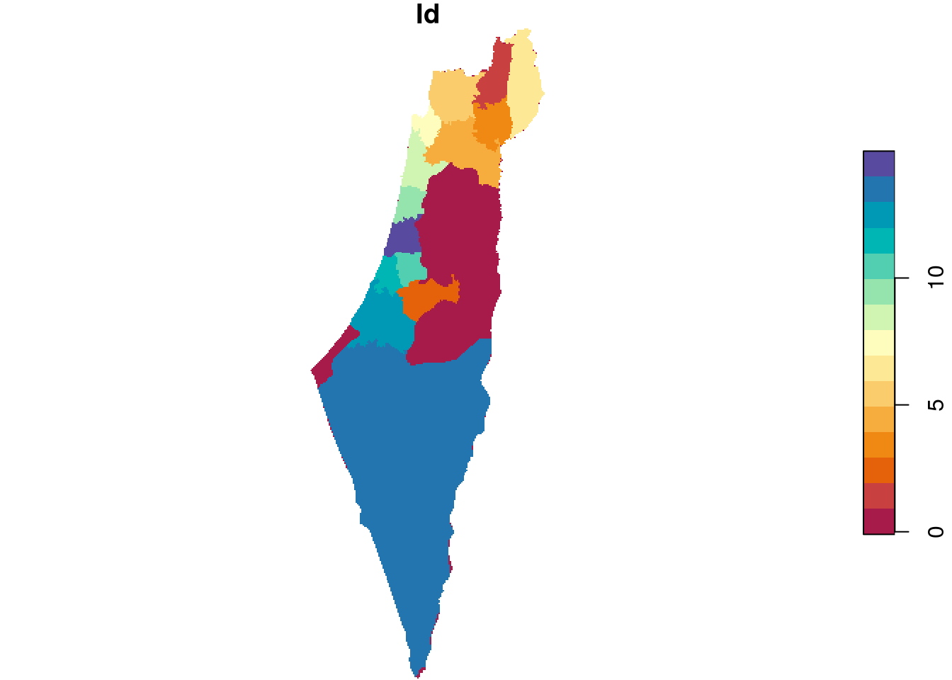 Rasterizing the `Id` of the `nafot` administrative areas layer into the average NDVI raster