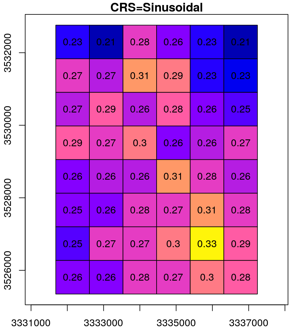 Reprojection process: the original raster (left), the reprojected raster cells as polygons (middle) and the resampled reprojected raster (right)