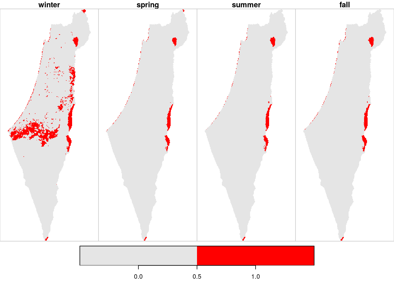 Location of pixels with >10\% `NA` per season