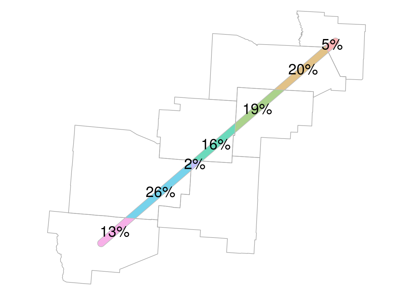 Proportion of tunnel area within each county