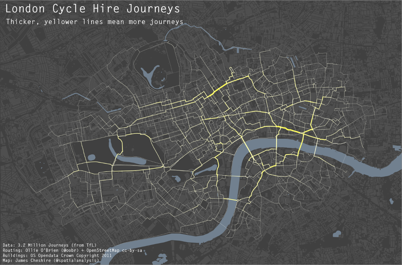 London cycle hire journeys with `ggplot2`^[http://spatial.ly/2012/02/great-maps-ggplot2/]