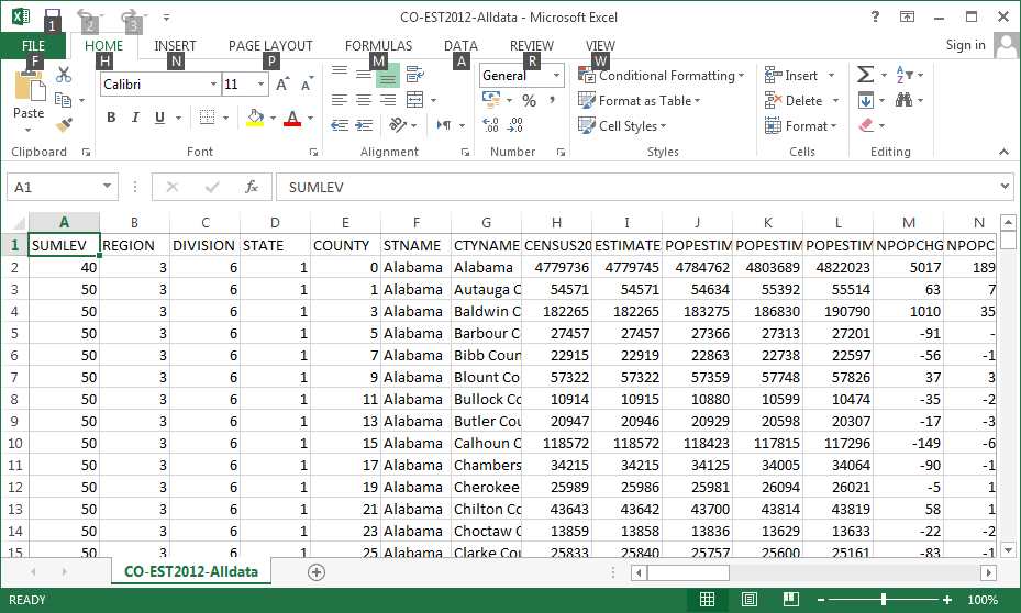 CSV file opened in Excel