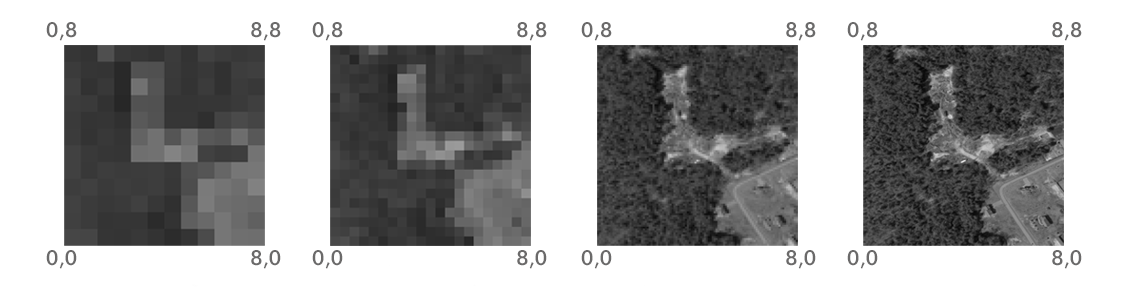 Rasters with the same extent but four different resolutions^[http://datacarpentry.org/organization-geospatial/01-intro-raster-data/index.html]