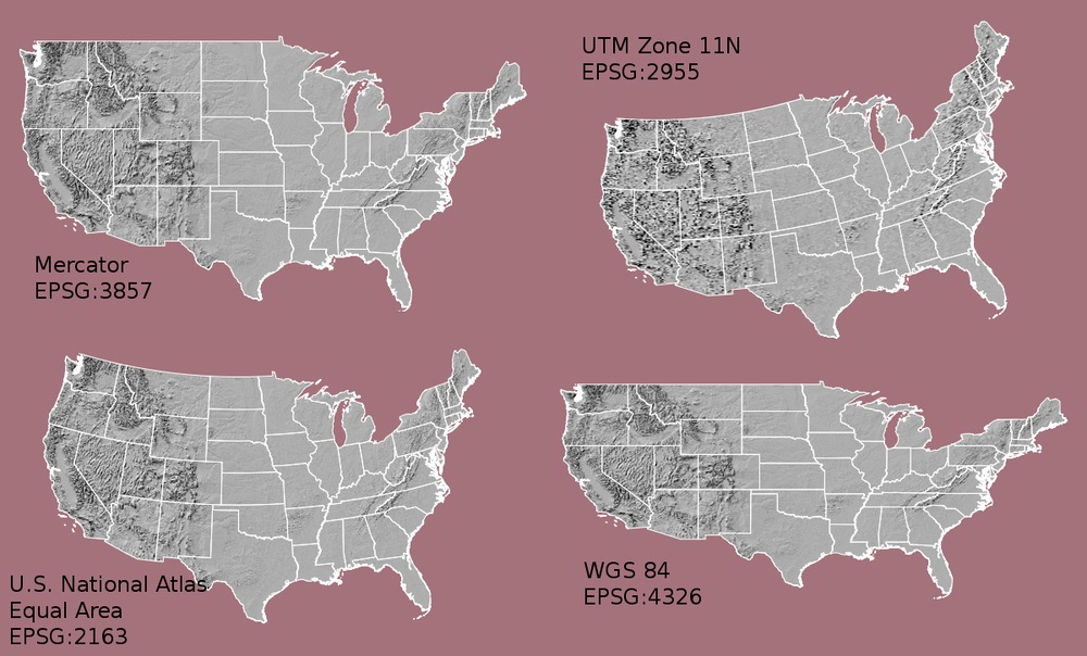Map of the US using different projections^[https://datacarpentry.org/r-raster-vector-geospatial/09-vector-when-data-dont-line-up-crs/index.html]