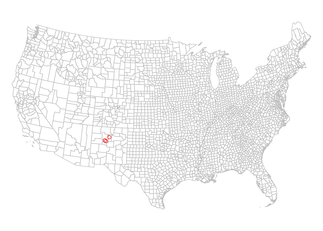 The `county` and `airports` layers in the US National Atlas Projection (EPSG=`2163`)