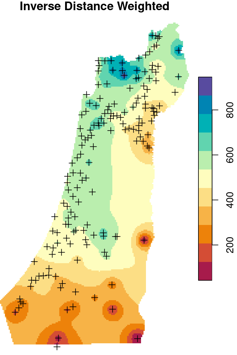 Spatial interpolation of annual rainfall using IDW, OK and UK