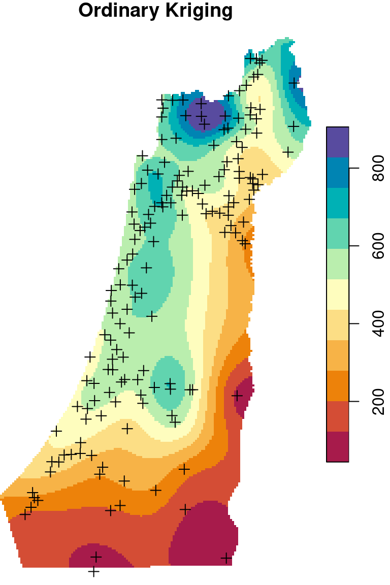 Spatial interpolation of annual rainfall using IDW, OK and UK