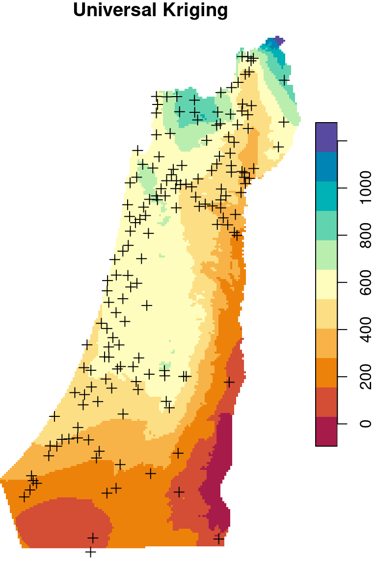 Spatial interpolation of annual rainfall using IDW, OK and UK