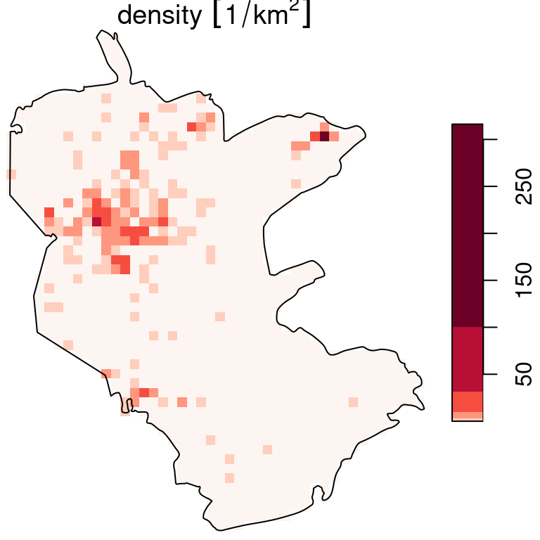 Density (observations per $km^2$) of rare plants in the nature reserve, with a logarithmic scale