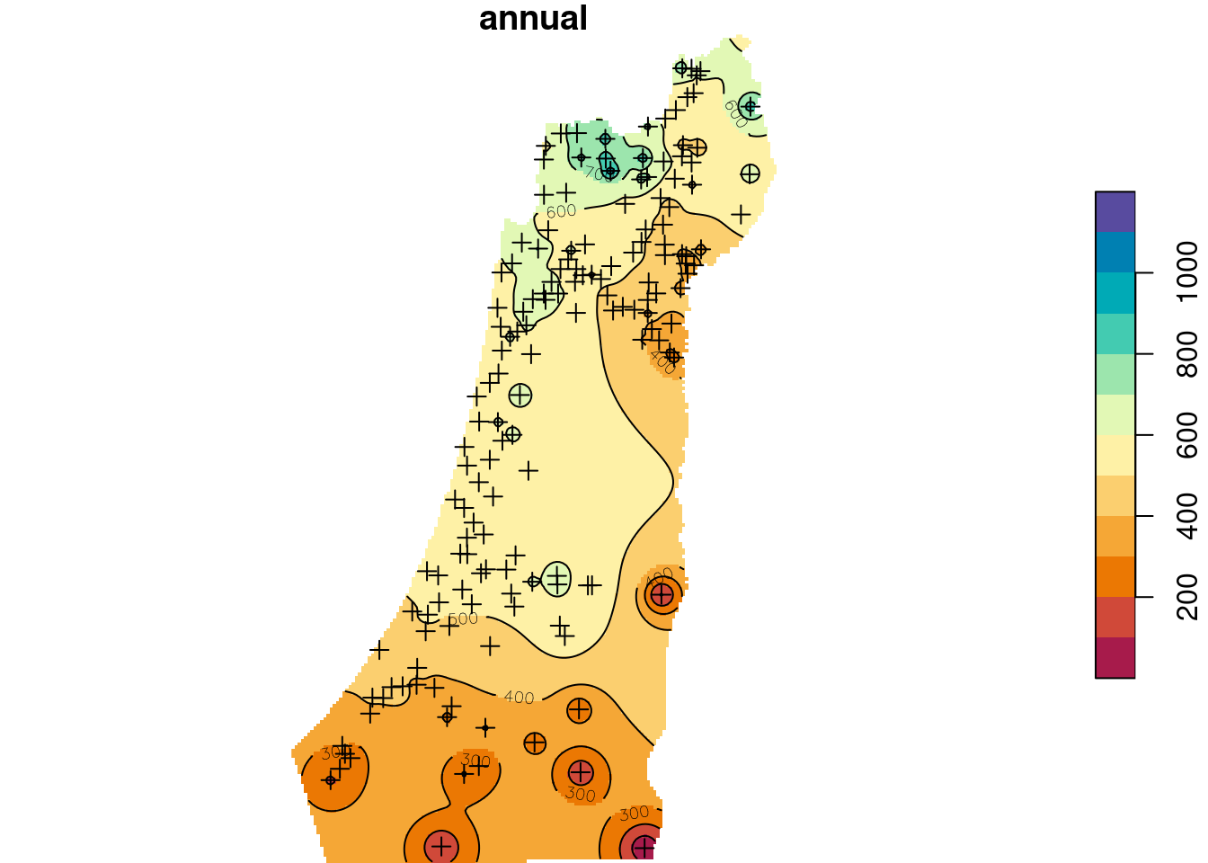 Predicted annual rainfall using Inverse Distance Weighted (IDW) interpolation