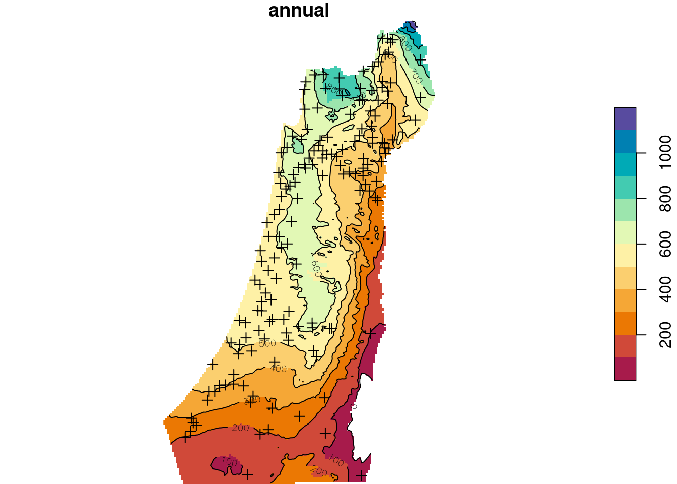 Predicted annual rainfall using Universal Kriging