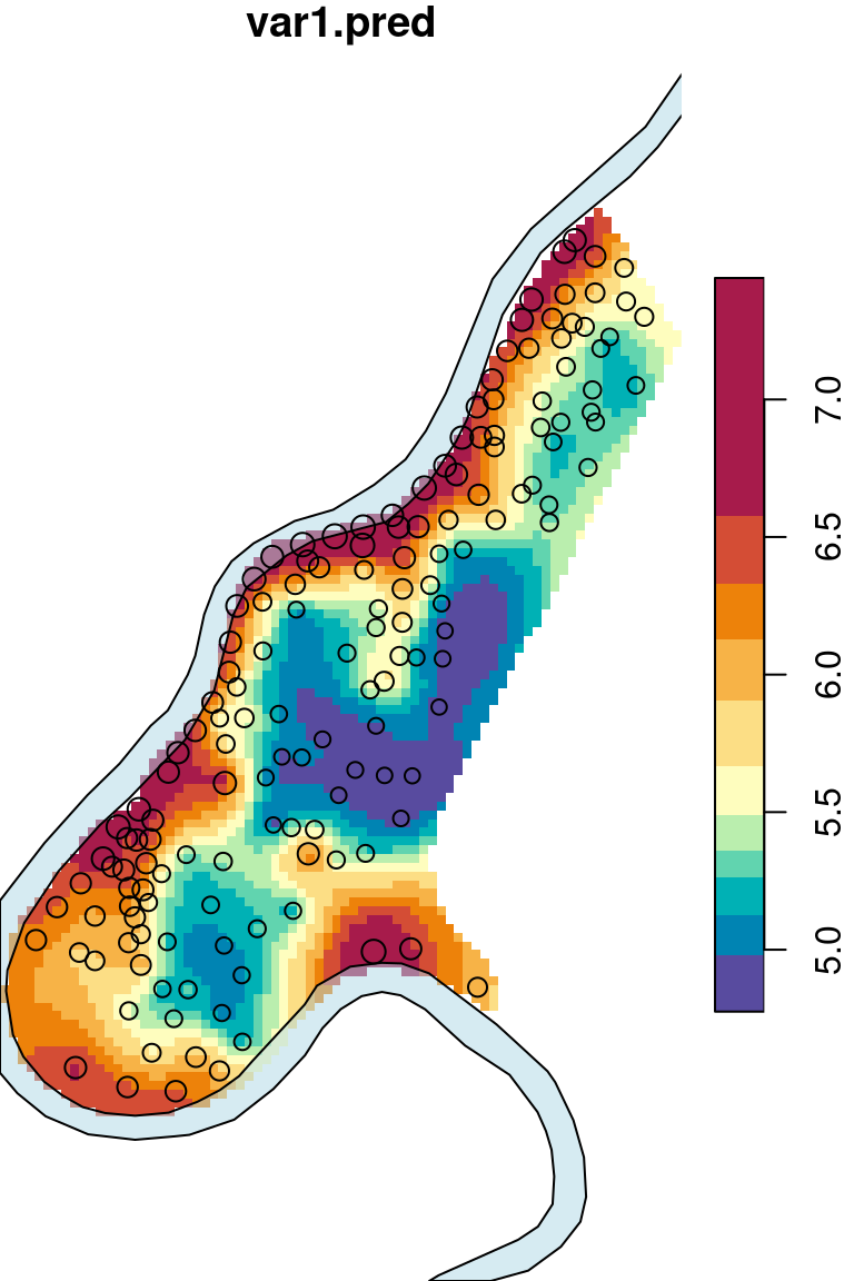 Predicted Zinc concentration, using Ordinary Kriging