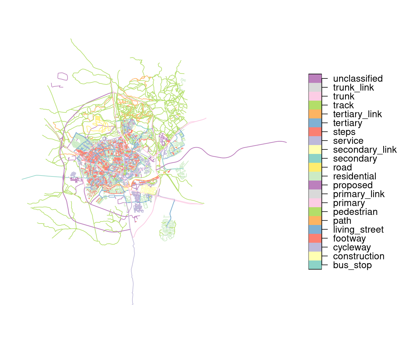 Beer-Sheva road types map, using data downloaded from OpenStreetMap (OSM)