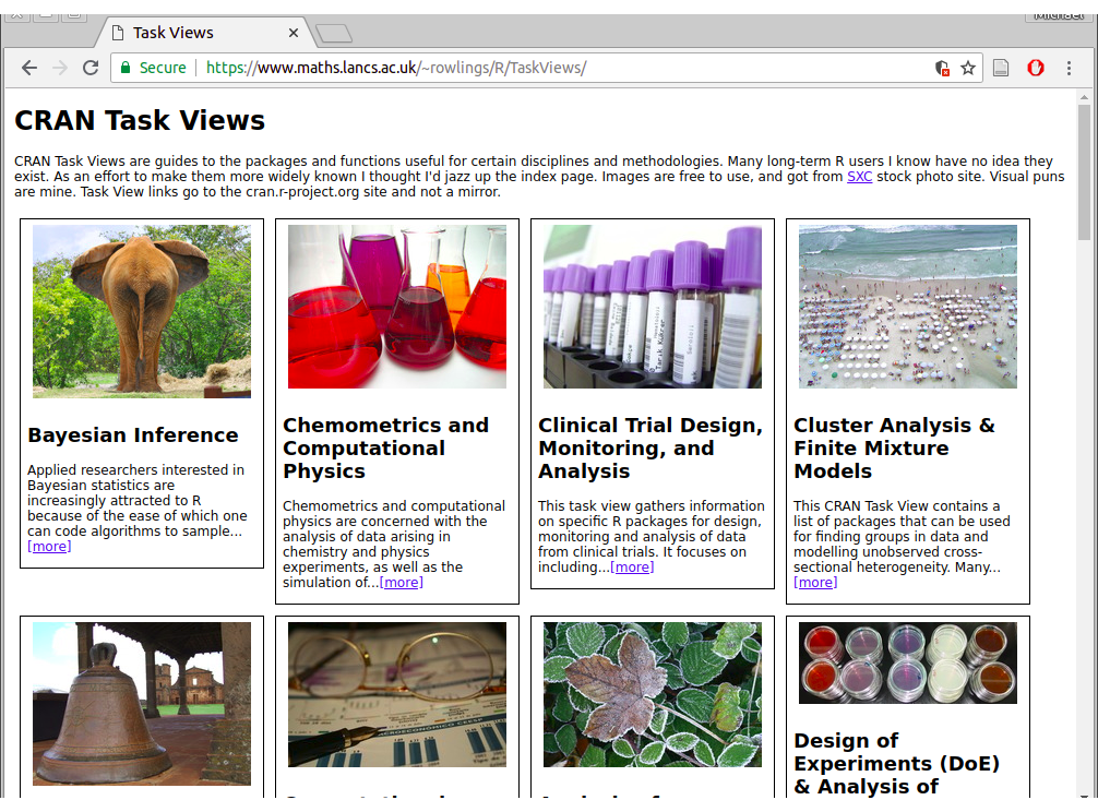 CRAN Task Views (http://www.maths.lancs.ac.uk/~rowlings/R/TaskViews/)