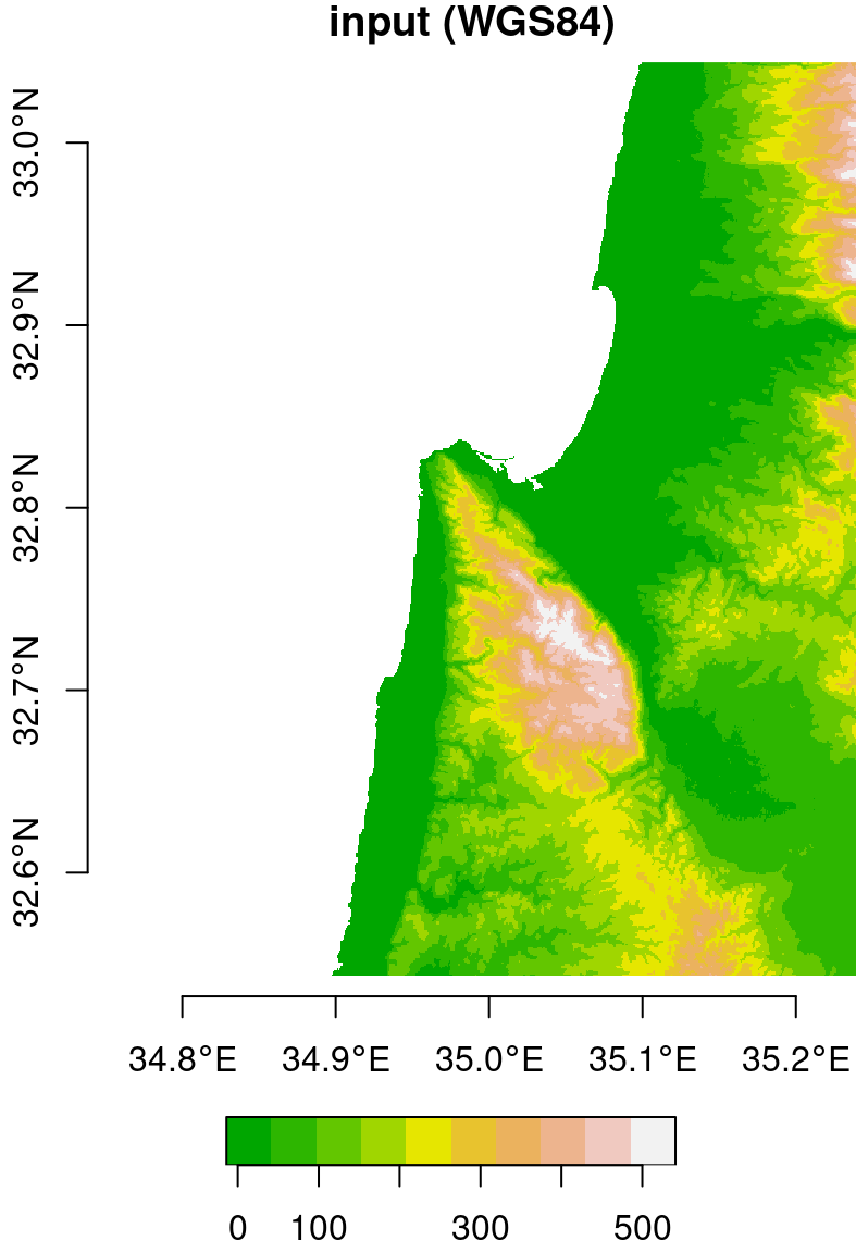 Original (left, in WGS84) and reprojected (right, in UTM) `dem` raster