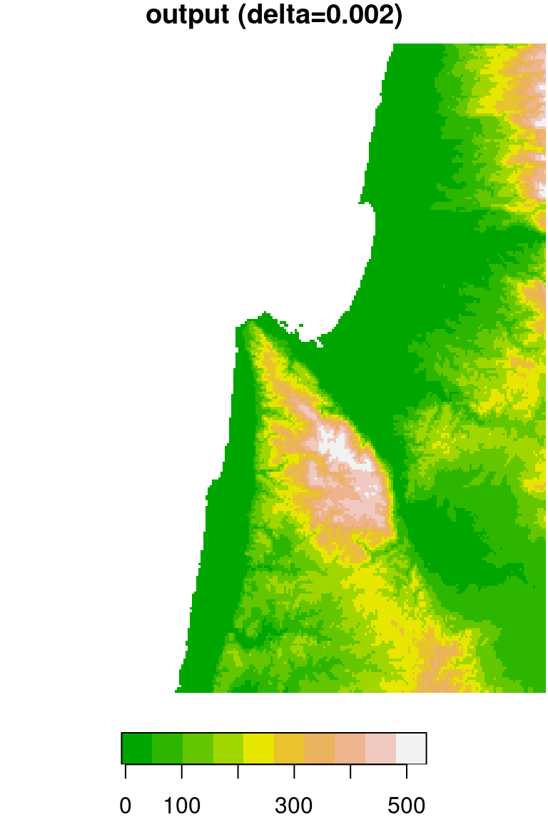 DEM resampled by a factor of 2.4, from 0.0008 (left) to 0.002 (right) resolution