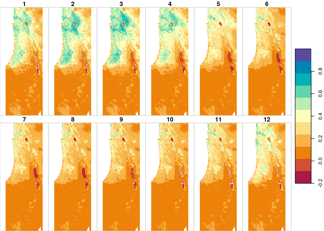 Mean NDVI value per month in `modis_south.tif`