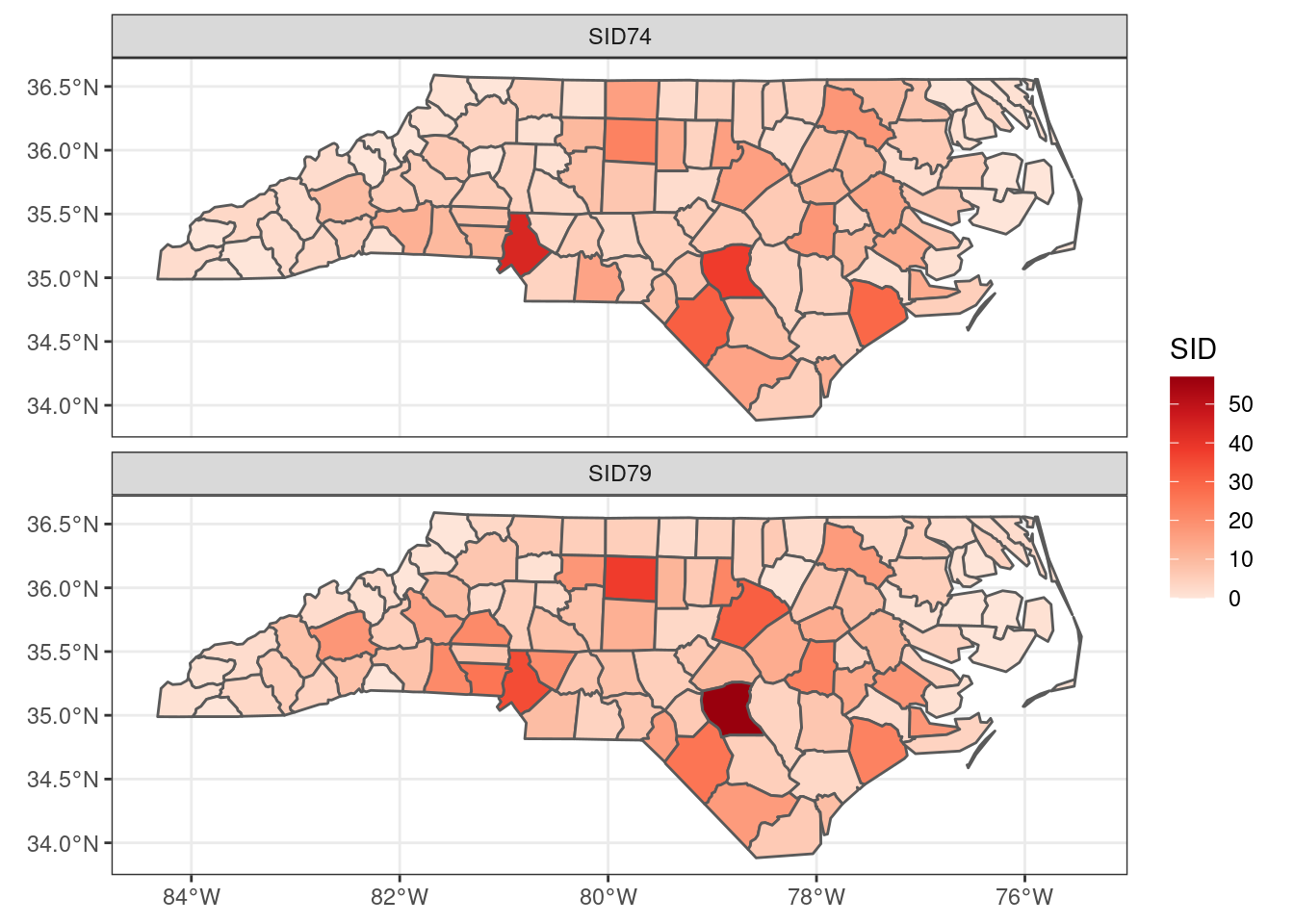 A map with facets for different attributes, using the `ggplot2` package