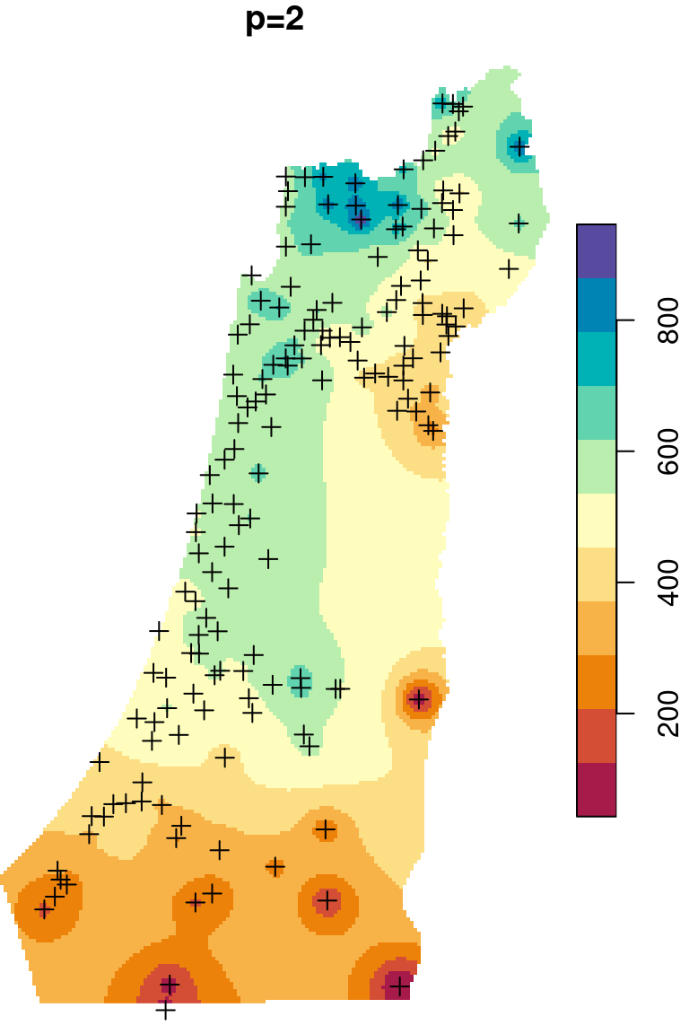 Spatial interpolation of annual rainfall using IDW with $p=0.25$, $p=2$ and $p=16$