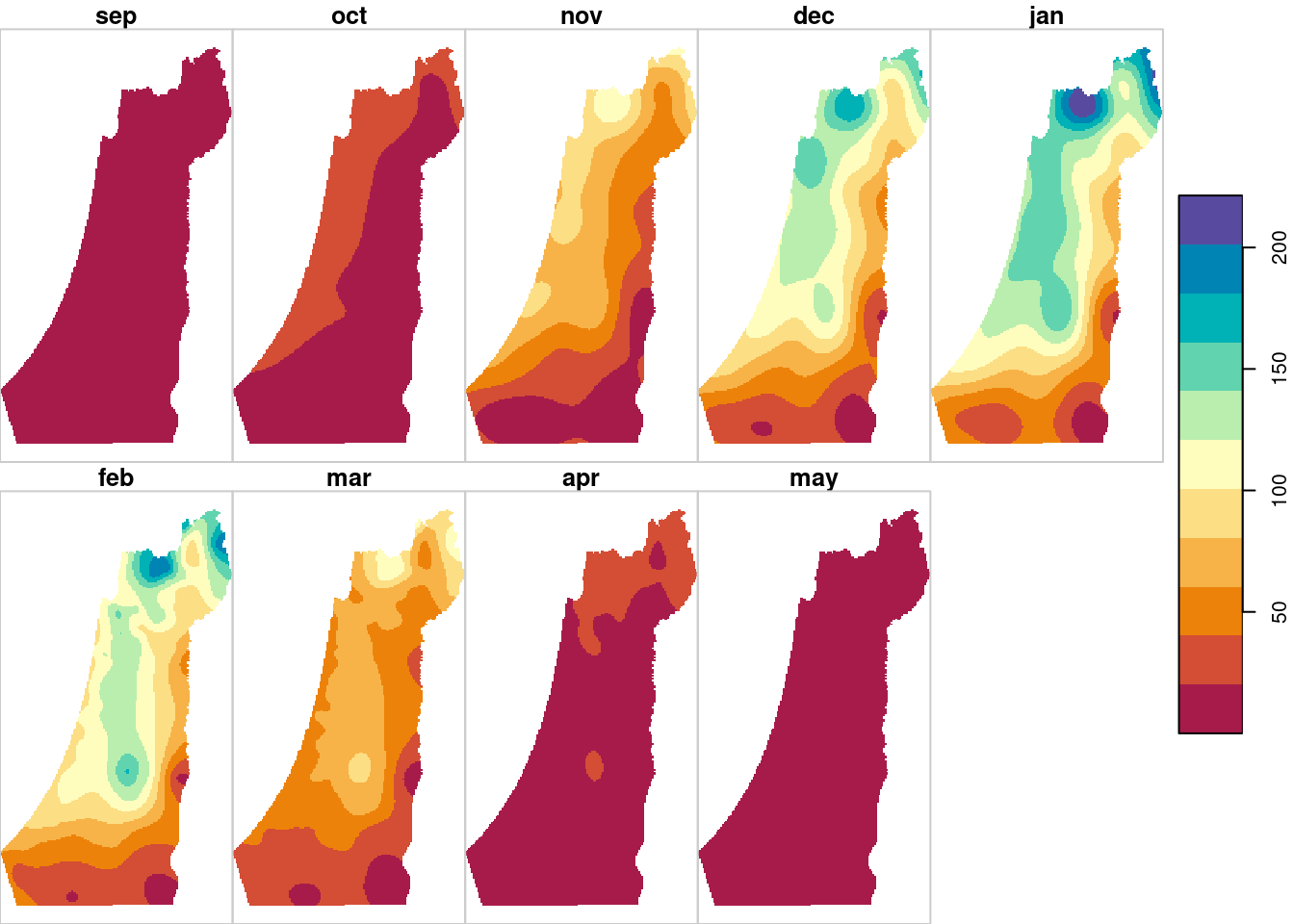 Monthly rainfall predictions using Ordinary Kriging