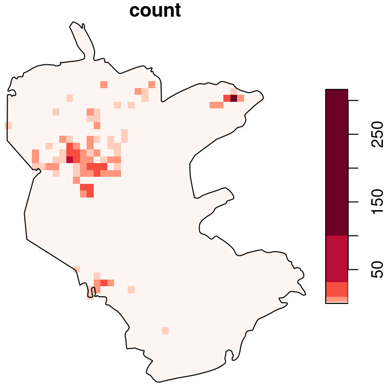 Density (observations per pixel) of rare plants in the nature reserve, with a logarithmic scale