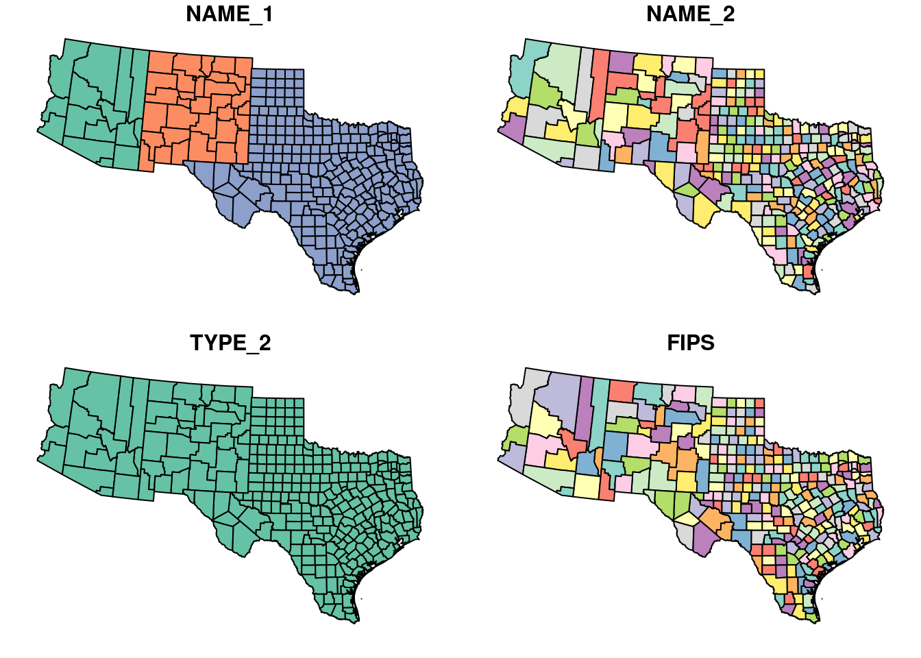 Subset of three states from the `county` layer