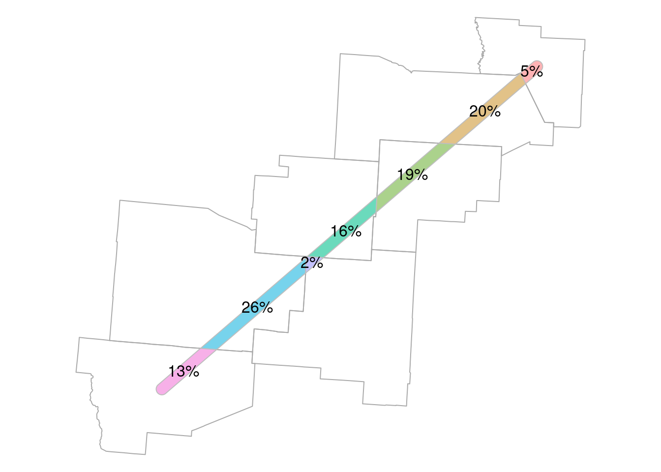 Proportion of tunnel area within each county