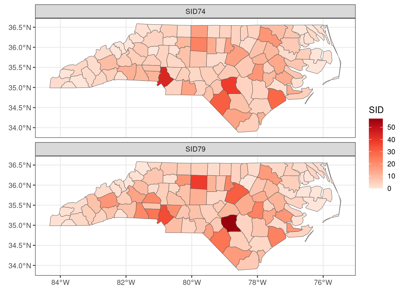 A map with facets for different attributes, using the `ggplot2` package