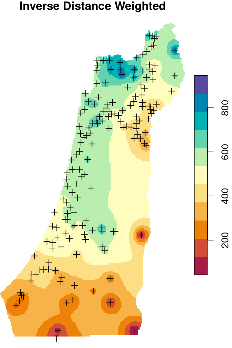 Spatial interpolation of annual rainfall using IDW, OK and UK