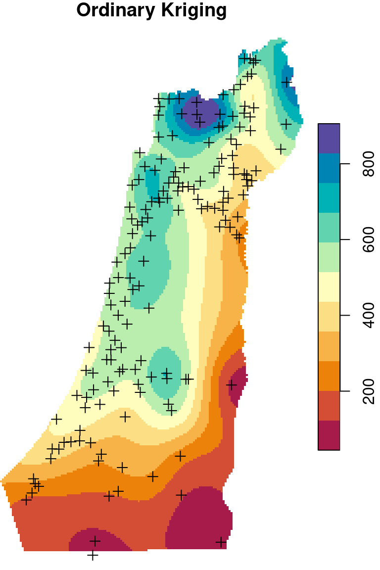 Spatial interpolation of annual rainfall using IDW, OK and UK