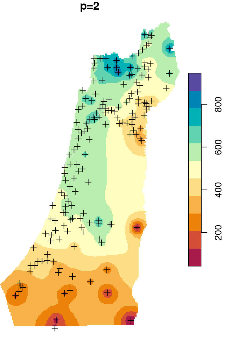 Spatial interpolation of annual rainfall using IDW with $p=0.25$, $p=2$ and $p=16$