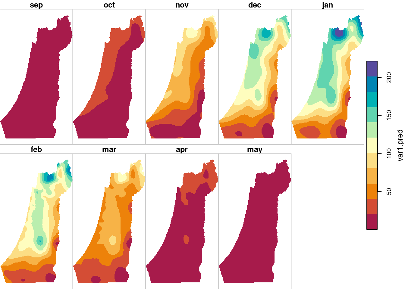 Monthly rainfall predictions using Ordinary Kriging