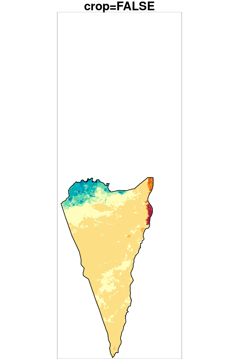 Cropping and masking (left) vs. masking (right), raster extent is shown in grey