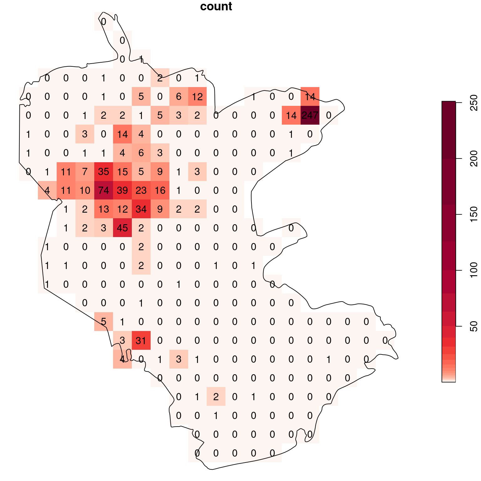 Density (observations per pixel) of rare plants in the nature reserve, with a logarithmic scale