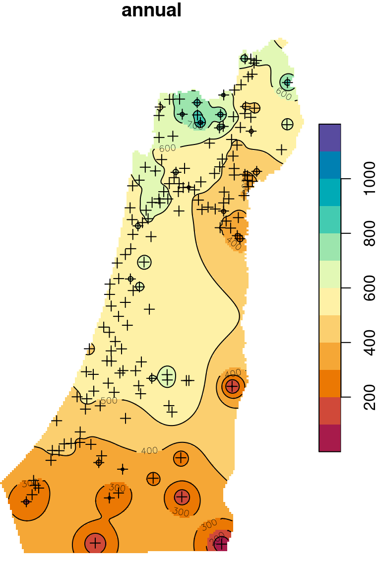 Predicted annual rainfall using Inverse Distance Weighted (IDW) interpolation