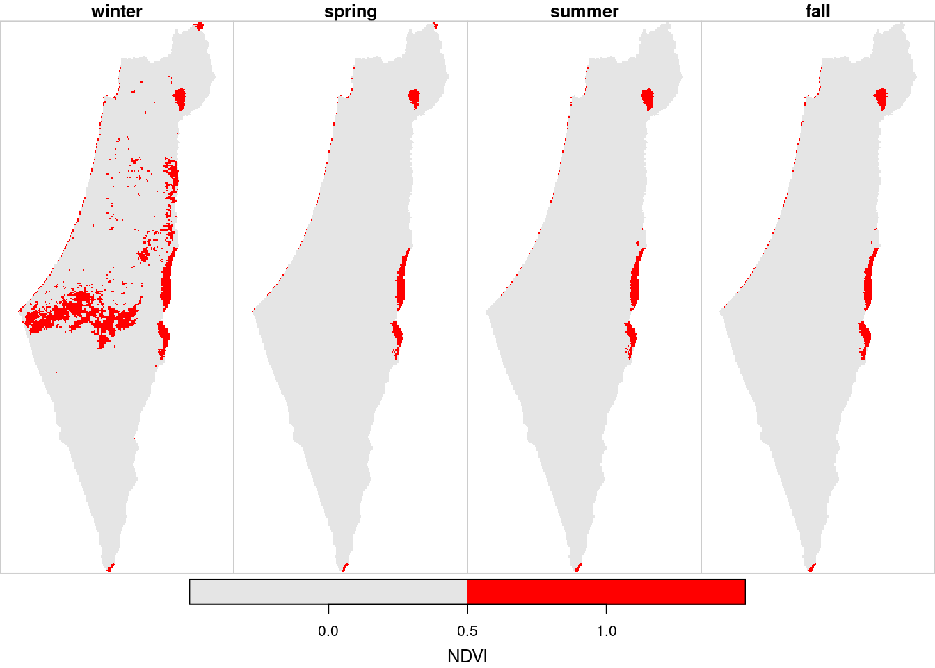 Location of pixels with >10\% `NA` per season